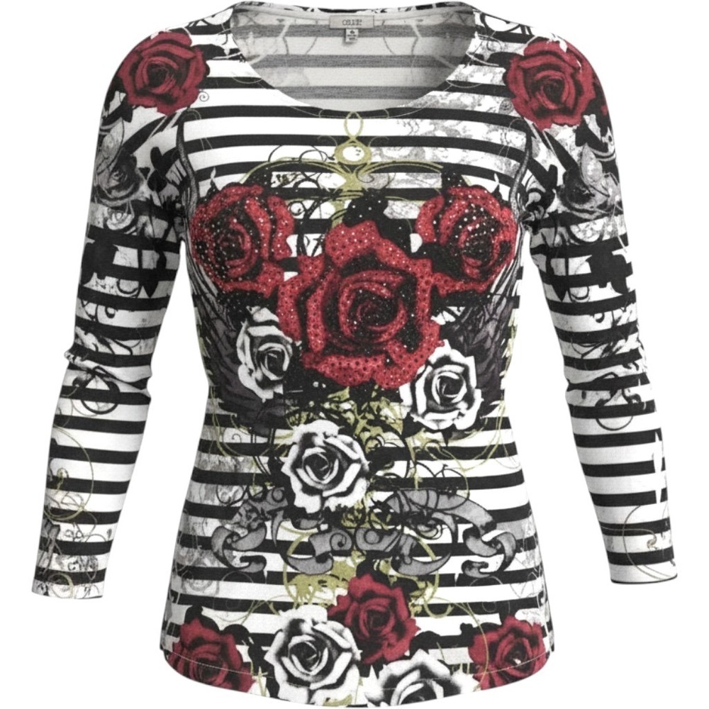 VTG Cache Tattoo Roses Top Womens M Goth Bling Striped Emo Grunge Whimsigoth Y2k